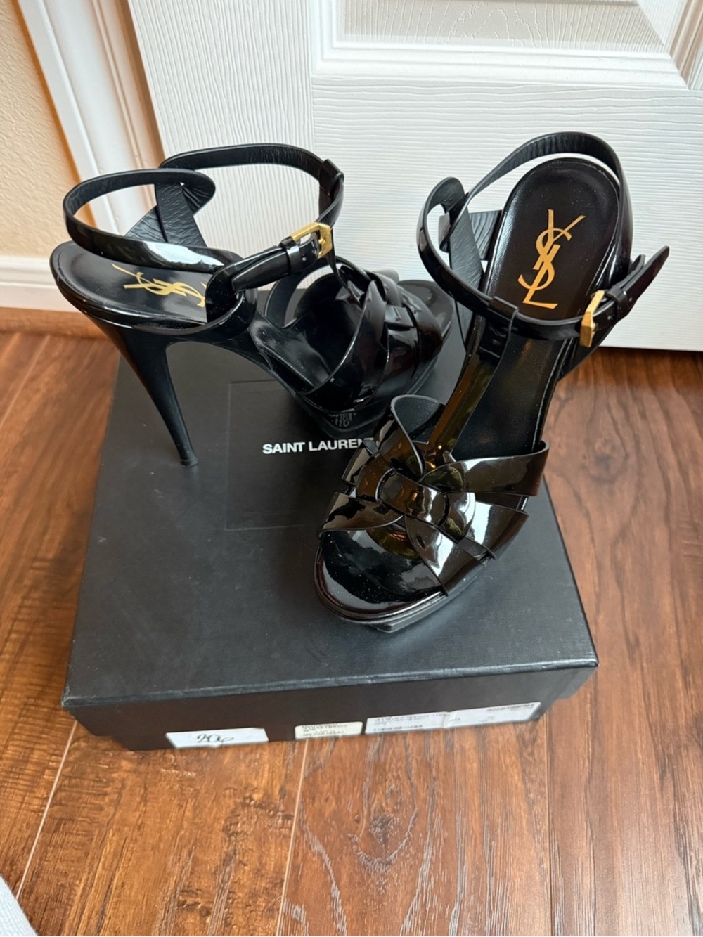 Saint Laurent Tribute 105 Icon Black Patent Leather Platform Heels Sandals SZ 10